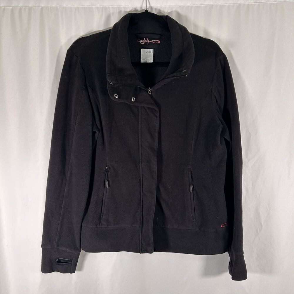 Oakley Fleece Jacket Women's Large Black Zip Snap Zip Pockets Long Sleeve